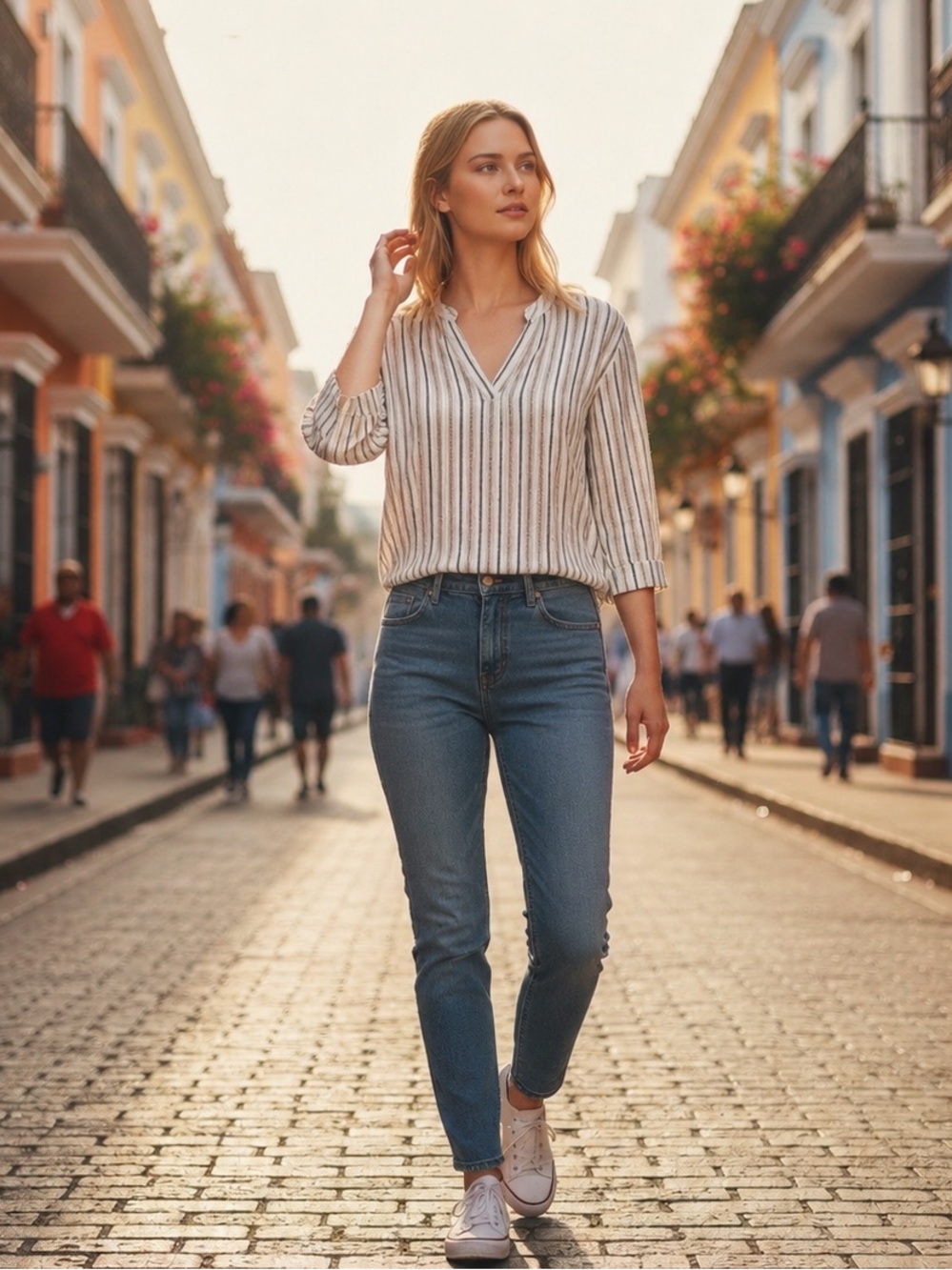 YC WhyCi Milano Lightweight Striped Beige & Cream Cotton Silk Top